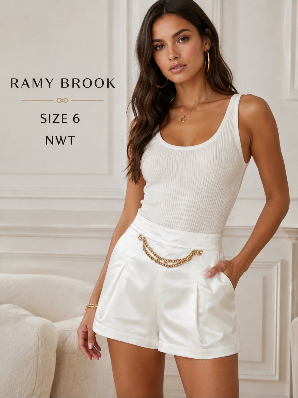 Ramy Brook Cream High-Waist Shorts with Gold Chain